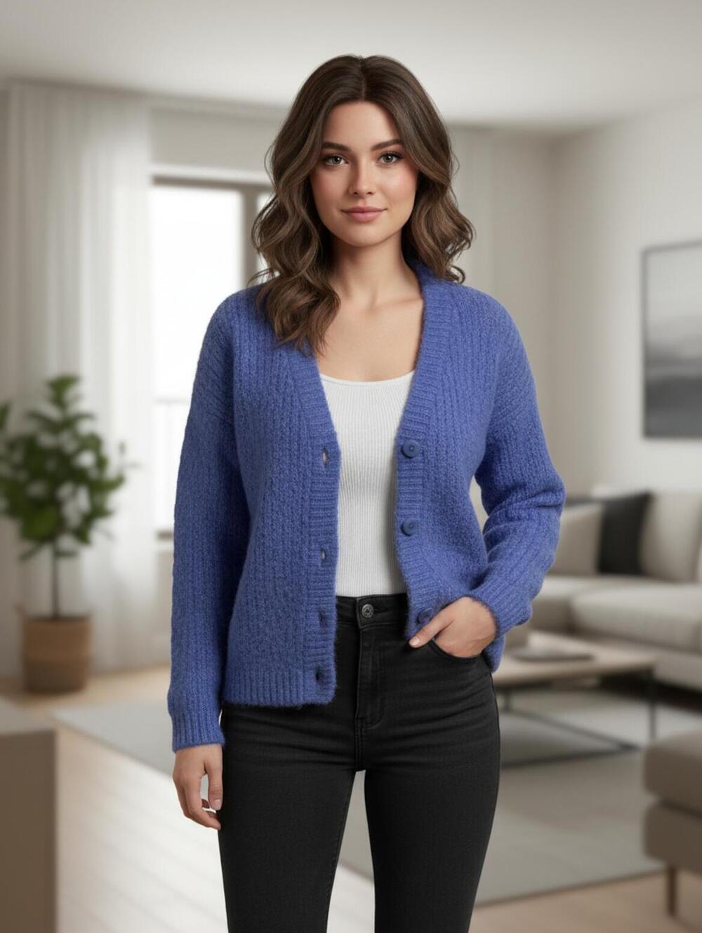 Easy Clothes Blue Button-Up Knit Cardigan Sweater S/M